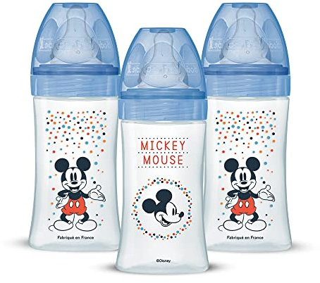 Dodie Lot de 3 Biberons Anti-Colique Initiation+, Mickey, 270mL,0-6 Mois, tétine Ronde, Débit 2