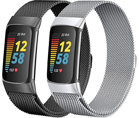 omee 2 Stück Metall Armband Kompatibel mit Fitbit Charge 5/Charge 6 Armband, Metall Ersatzarmband Maschen Schleife mit Magnetschloss, für Fitbit Charge 5/Charge 6 Armbänder Damen Herren