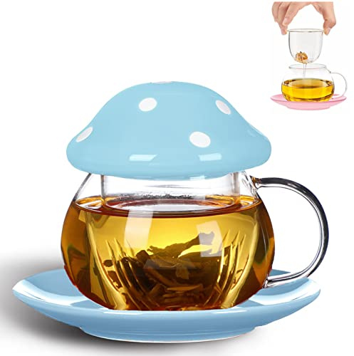 TUHNHGD Mushroom Mug, Tea Cup with Infuser, Glass Coffee Cups, with Coaster. Cup Lid. Tea Strainer, 290ml (Blue)