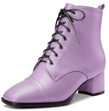 Saekcted Femmes Bloc Chunky Bas Kitten Talon Heel Carré Bout Bottines Lacets Fermeture à Glissière Bottes Violet 42 EU
