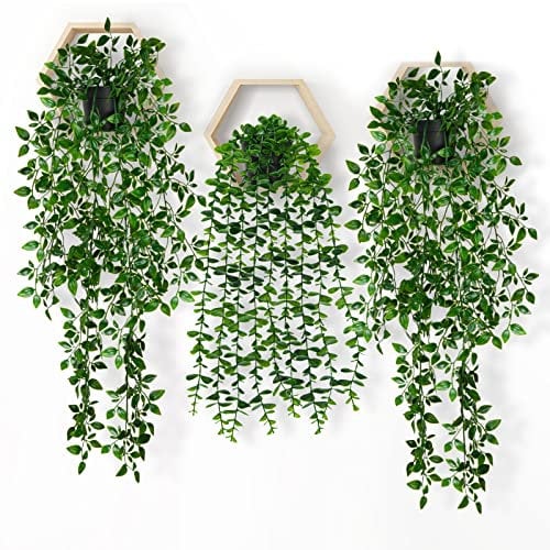 Artificial Hanging Plants in Pots, 3 Pcs Fake Potted Plants Faux Vine Greenery Hanging Plants Green Plastic Plant for Indoor Bathroom Bedroom Office Kitchen Shelf Wall Desk Decor