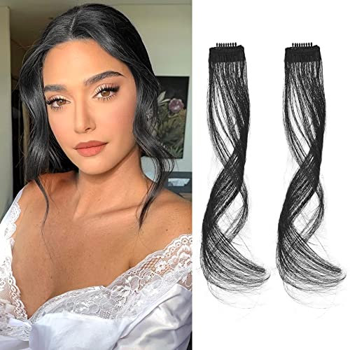 Flufymooz Side Air Bangs, 2 Stück Clip-in-Ponys für die Vorderseite, Pony-Haarspangen zum Anklipsen mit Schläfen, synthetischer langer Drachenbart-Pony, 30 cm (Natürliches Schwarz)