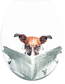 BM 7100 Tavoletta Copriwater Sedile WC Universale Coperchio Toilet Seat Bagno Termoindurente Decorato Motivo Cane Legge Giornale, Fissaggio dal Basso Cerniere Incluse