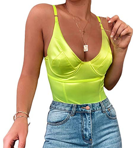 Velius Canottiere sexy metallizzate lucide da donna per night club uscire, Giallo acceso, XX-Large