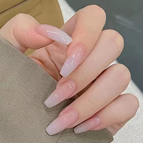 Clataly 24pcs fleurs blanc long cercueil ongles brillant strass français faux ongles imprimé Ballet fille faux ongles sur ongles (C)