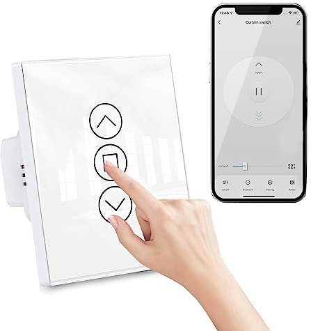 Wlan Rolladenschalter, Motorisierter Vorhangschalter mit 2.5D Gebogenen Paneelen, Unterstützung RF433/WiFi/Voice/Touch Control, Kompatibel mit Alexa und Google Home (Benötigt neutrale Leitung) (1pc)