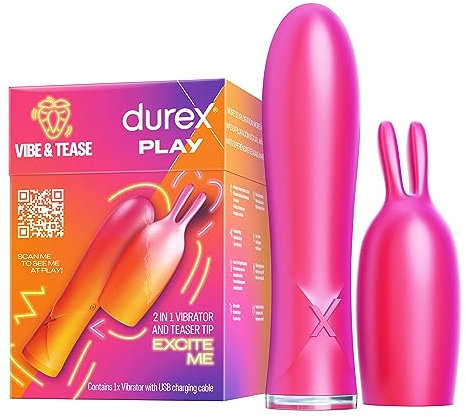 Durex Conejito Vibrador 2 en 1 VIBE & TEASE con punta estimuladora, juguete sexual para mujer, hombre y pareja, 7 modos de vibración y resistente al agua