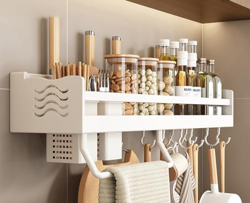 LNGFSH Gewürzregal Wand Ohne Bohren mit Haken Küchenregal hängend Gewürzregal Schranktür Aluminium Duschablage für Küche Badezimmer Balkon (60cm)