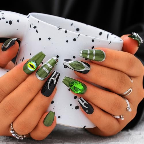 Sethexy Grün Langer Sarg Falsche Nägel Punk Strass Falsche Nägel mit Design Acryl Salon Glänzend Nägel zum Aufdrücken für Frauen und Mädchen 10PCS (Grün2)