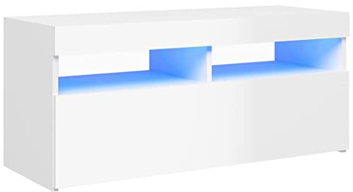 QZZCED Meuble TV avec lumières LED - Blanc brillant - 90 x 35 x 40 cm - Pour salon, chambre à coucher