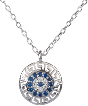 Antike, griechische Mäander-Halskette, handgefertigt, mit blauen und weißen Zirkonia, 925er-Sterlingsilber, 1 cm, 2 g, one size, Aus Sterlingsilber, Zirkon-Edelstein