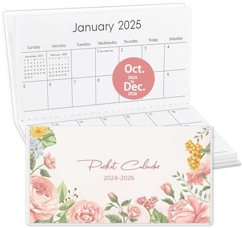 Taschenkalender 2025–2026, kleiner Taschenplaner 2026 für Geldbörse, 8,9 x 16,5 cm, von Oktober 2024 bis Dezember 2026, täglicher, monatlicher PVC-Agenda für die Planung