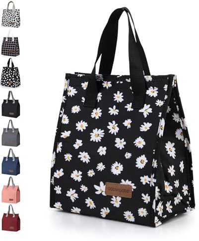 GODWOODS Insulated Lunch Bag for Women Men Large Lunch Box Container Reusable Leakproof Tote for Office, Work, Beach or Travel (Black Daisy)