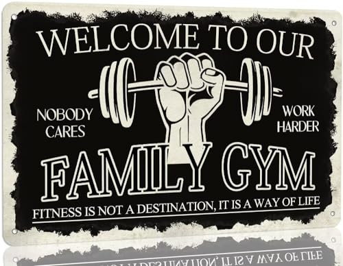 Targa in metallo con scritta in lingua inglese Welcome to our family gym Signs – Cartello fitness vintage per palestra sala da palestra casa bar garage uomo grotta decorazione da parete regalo 20,3 x