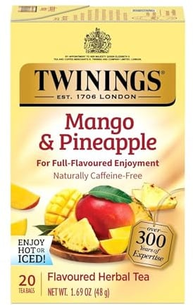 Twinings Mango & Pineapple Herbal Tea Individually Wrapped Bags, 20 Count (Pack of 1), Naturally Caffeine-Free, Enjoy Hot or Iced, 20 Teabags