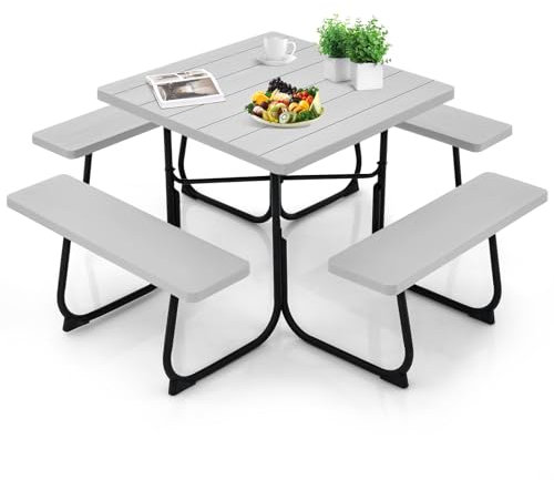 GOPLUS Table de Pique-Nique avec 4 Bancs Intégrés pour 4 à 8 Personnes, Table de Jadin en HDPE avec Trou pour Parasol, Table de Camping Carrée en Plein Air, Cadre en Métal, Capacité de 225KG (Gris)