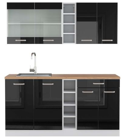 Vicco Singleküche R-Line, Schwarz Hochglanz/Weiß, 160 cm