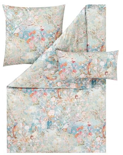 ESTELLA Bettwäsche Anthea 7936 985 Bunt Mako Satin Storch Kranich Blumen Blüten Blätter, Größe:200 cm x 220 cm