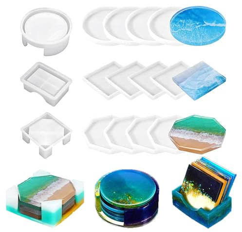 ACTIUSIS Moule en Silicone pour Moulage de résine DIY, Moule de Dessous de Verre en résine époxy, Rond, carré et octogonal, pour Dessous de Verre, bougeoirs, projets de Bricolage (15 pièces)
