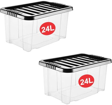 RelianceUK 25L Plastic Storage Boxes with Black Lids (25 Litre / 2 Pack) | Stackable, Durable and Clear Storage Containers, BPA Free Storage Box for Home Office Kitchen