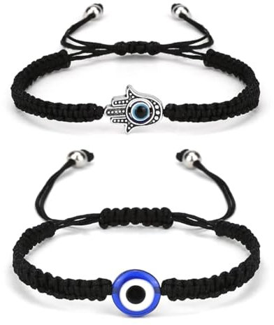 JEXOWIQ 2 pcs bracelets de protection contre le mauvais œil faits à la main,Cordon Tressé Bracelets Réglable Bracelets à œil Bracelet à vœux Protection Cadeau pour Ados Famille Amie