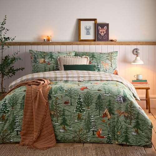 furn. Lodge Wood Duvet Cover Set 100% Brushed Cotton Reversible – Warm Cosy Bedding (Oak Green – Double)