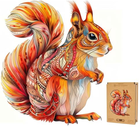 Lubiwood Niedliches Eichhörnchen Holzpuzzle in Tierform (24 x 24 cm) - Fördert die Intelligenz & geistige Kraft - Inklusive Geschenkbox aus Holz - Perfekt für Erwachsene