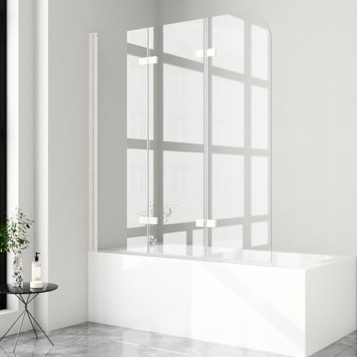 Duschwand für Badewanne 130x140cm 3-teilig Faltwand, 6mm ESG Glas Duschwand Badewannenaufsatz Duschtrennwand Duschabtrennung Badewanne, Weiß