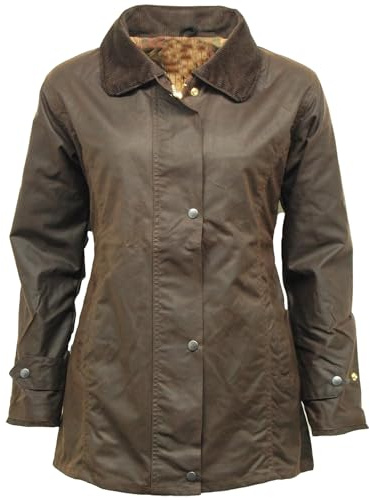 FASHIONISM Klassische Wachsjacke für Damen, mit taillierter Form und Innenfutter mit Schottenkaro, Reißverschluss und Nieten