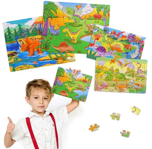 4 Pack Wooden Dinosaur Jigsaw Puzzles for Kids Ages 3 4 5 6, Toddler Children Learning Educational Puzzles, Early Eduactional Puzzle Toy Game Gifts for Children