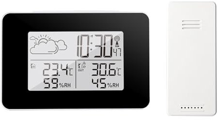 Homcoice Stazione Meteorologica digitale wireless con sensore esterno, Orologio radiocontrollato DCF, Termometro Igrometro interno/esterno con previsioni meteo animate, sveglia, funzione snooze(Nero)