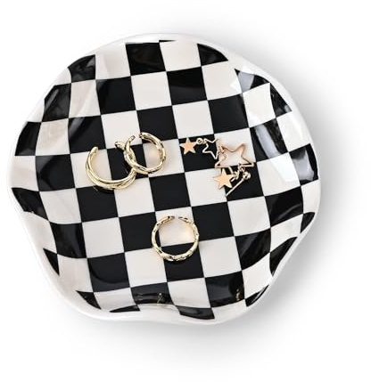 Koythin Black Checkerboard Ceramic Jewelry Tray, Ring Key Trinket Dish | Black Grid Storage Dish For Jewelry & Keys; Birthday Gift For Women Vanity Decor
