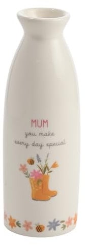 Love Life - Ceramic White Stem Vase - Mum - Mother's Day & Birthday Gifting & Homeware - Decorative Table Decor for Flowers with Bee & Wellies Detailing - H: 14cm x W: 5cm.