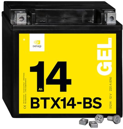 Denagi 51214 GEL BTX14-BS Motorradbatterie 12V 14Ah, Ersetzt YTX14-BS, wartungsfrei versiegelt vorgeladen