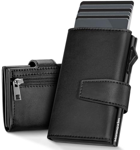 Manmaxim Portmonee Herren Slim Wallet mit Münzfach & RFID Schutz, Intelligente Geldbörse Magnetverschluss Pop-up Men's Wallet, kompakt Karten Geldbeutel Herren für 12 Karten mit ID-Fenster, Schwarz