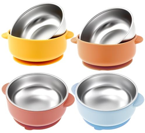 Foppla 4 Pcs Suction Bowl,304 Stainless Steel Baby Bowls with Removable Silicone Sleeve Non Slip Toddler Suction Bowls Snack Containers for Toddlers Kids Feeding