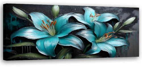 Feeby Wandbilder - Bilder Schlafzimmer - Lilienblumen Türkis Pflanzen - 90x30 1tlg - Wohnzimmer Bild Groß - Wohnungs - Foto Geschenk - Leinwand Wall Art - Wand Deko