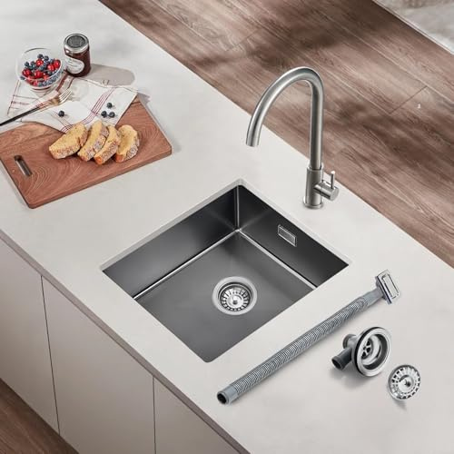 ROVOGO 450x400mm Black Undermount Kitchen Sink with Basket Strainer Waste and Overflow Kit, Small Compact Handmade Stainless Steel Sink Kitchen Single Bowl