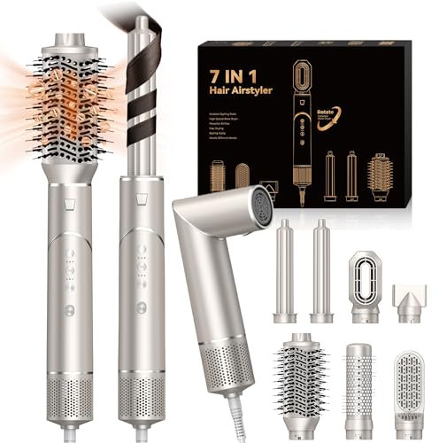 Pro Air Brush Styler 7 en 1 Brosse Soufflante Sèche-cheveux Ionique Haute Vitesse 110,000RPM avec 7 Accessoires de Coiffure Brosse Chauffante Brushing Ensemble de Brosses à Air Chaud, Champagne-doré