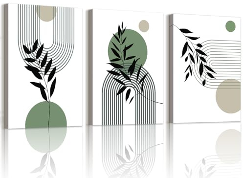 WENGTIAO 3 Stück Boho Grün Abstrakte Leinwand Bilder Kunstdrucke mit Rahmen | Botanische Pflanzen Geometrisch Linie Wandbilder auf Leinwand Wohnzimmer Schlafzimmer Wanddeko 50x70cmx3