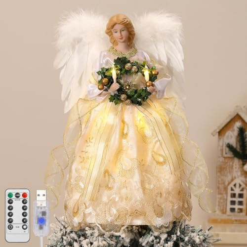 Lewondr Christmas Tree Topper Angel, 12'' Light Up Angel Tree Topper with Wings and Wreath, 8 Modes and 6 Hrs Timer USB and Remote Operated Christmas Decor for Holiday Home Decor, Light Yellow
