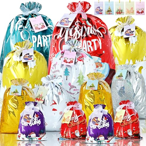 Christmas Wrapping Gift Bags, 40Pcs Xmas Gifts Bags Large Medium Small Size | for Presents with 40 Tags for Birthday Holiday Party, Luxury Santa Claus Ornament with Ribbon for Family Friends