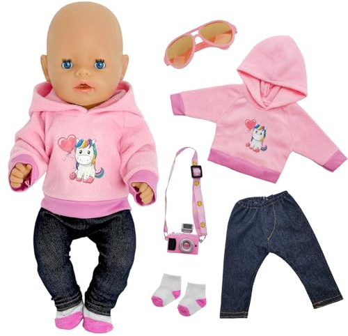 5 Stück Puppenkleidung für 35-43 cm Baby Puppen, Rosa Pony Kleidung | Outfits für 14-18 Zoll Baby Puppen Junge und Mädchen, Pony Hoodie Hose Socken Brillen Anhänger Geschenke für Kinder