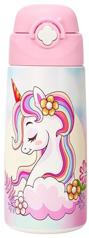 Ntswasd Girls Insulated Water Bottle with Covered Pop-Up Straw,500 ML Kids Cups with Stainless Steel Leak Proof for School(Pony-Unicorn)