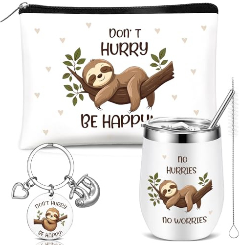 Hestya 3 Pcs Faultier Geschenkset Edelstahlbecher Kosmetiktasche Anhänger | 350 ml Edelstahlbecher, Mit Deckel und Strohhalm, Für Faultierliebhaberinnen, Weihnachts- und Geburtstagsgeschenk