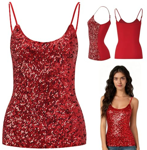 MUNSKT Women's Sequin Party Tops, Adjustable Straps Daily Halter Tank Tops Sleeveless Glitter Camisole Vest Blouse Tshirts for Night Club Party Performance Costume Tops