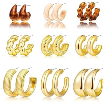 Bcenoilua 9 Paare Creolen Ohrring für Damen Hypoallergene Ohrringe Chunky 14K Gold Creolen Huggie Teardrop Ohrstecker Set Leichte Ohrringe Hängend Offene Creolen Schmuck