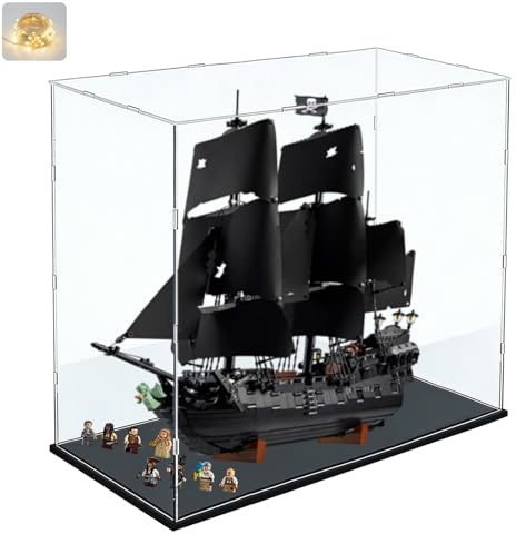 Acryl Vitrine Schaukasten für LEGO 10365 Captain Jack Sparrow Piratenschiff | Transparente Displayvitrine plexiglas 3mm Groß für Schwarze Perle Figuren Sammlerstücke mit LED, Schwarz Innen 70x30x70cm