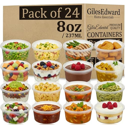 24 Pack 8oz Soup Containers with Lids, Large Plastic Food Storage Tubs for Batch Cooking, Leakproof Reusable Deli Pots, Freezer & Microwave Safe, BPA Free Meal Prep Containers for Curry, Stew & Soup
