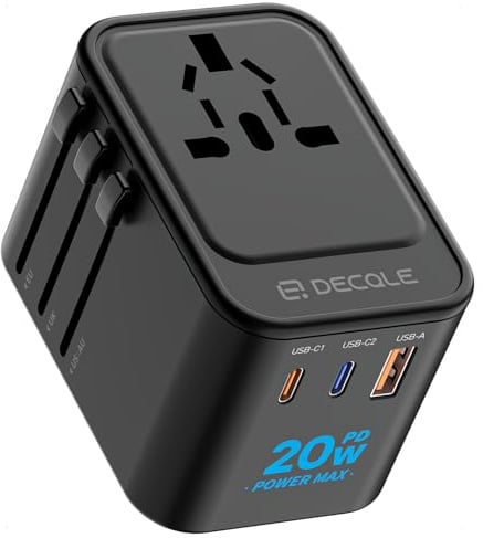decqle Adaptador Enchufe Universal con 2 USB-C(PD 20W) ＆ 1 USB-A para Viaje